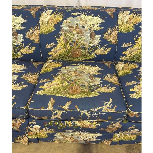 Textile Vintage Bench-Made 3-Piece Living Room Set in Schumacher "Dog & Duck" Indigo Linen – Sofa & 2 Matching Chairs For Sale - Image 7 of 18
