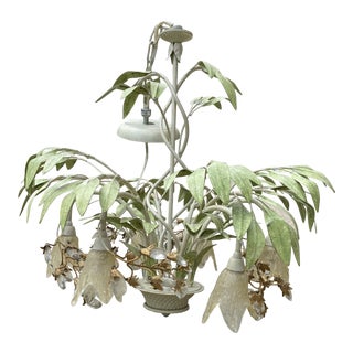 Vintage Boho Floral Tole Painted Botanical Chandelier For Sale