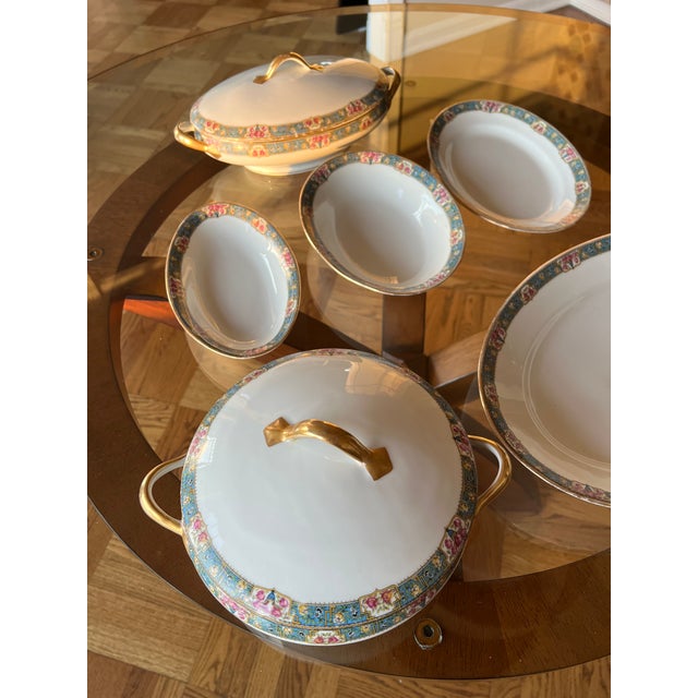 1920s Limoges France Mf Roses, Blue, Gold Rim Dinner Set & Serving