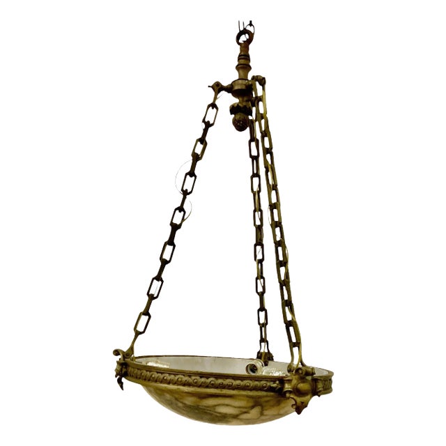 French Alabaster Dome Chandelier Pendant with Bronze Fittings For Sale