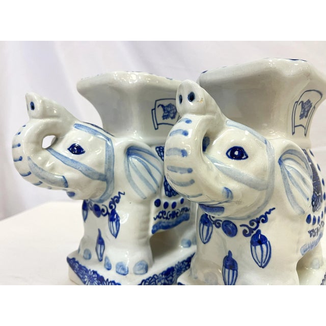 Vintage Blue and White Chinoiserie Ceramic Elephant Plant Stands- a Pair For Sale - Image 12 of 12
