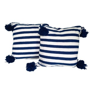 Moroccan Handloomed Pom-Pom Pillows, 19" x 19" - A Pair For Sale