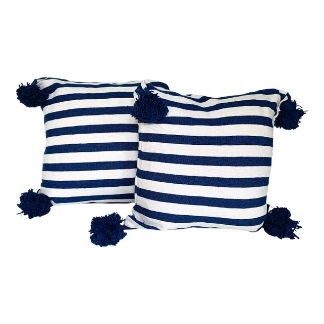 Moroccan Handloomed Pom-Pom Pillows, 19" x 19" - A Pair For Sale