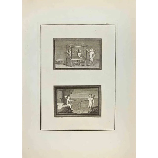 Cupid and Genni from "Antiquities of Herculaneum" is an etching on paper realized by Nicola Vanni in the 18th Century....