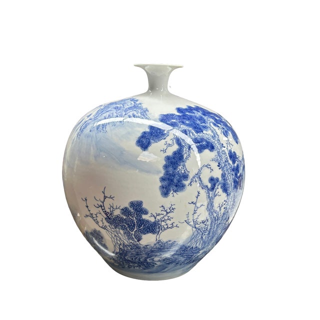 Chinese Blue White Handpaint Mountain Tree Scenery Porcelain Vase For Sale - Image 4 of 10