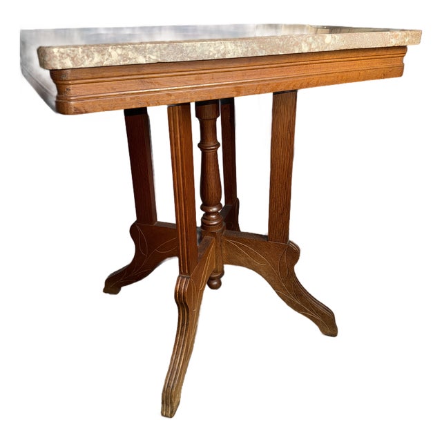Antique Marble and Wood Side Table For Sale