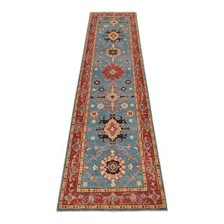 Kazak Runner 2’8” X 9’8” Blue Wool Tribal Hand-Knotted Oriental Rug For Sale