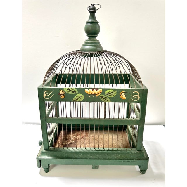 English Antique Hand-Painted Green Wood and Wire Birdcage For Sale - Image 3 of 11