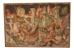 Scene of a Siege Battle from the Sea, 1970s, Fresco Fragment, Framed