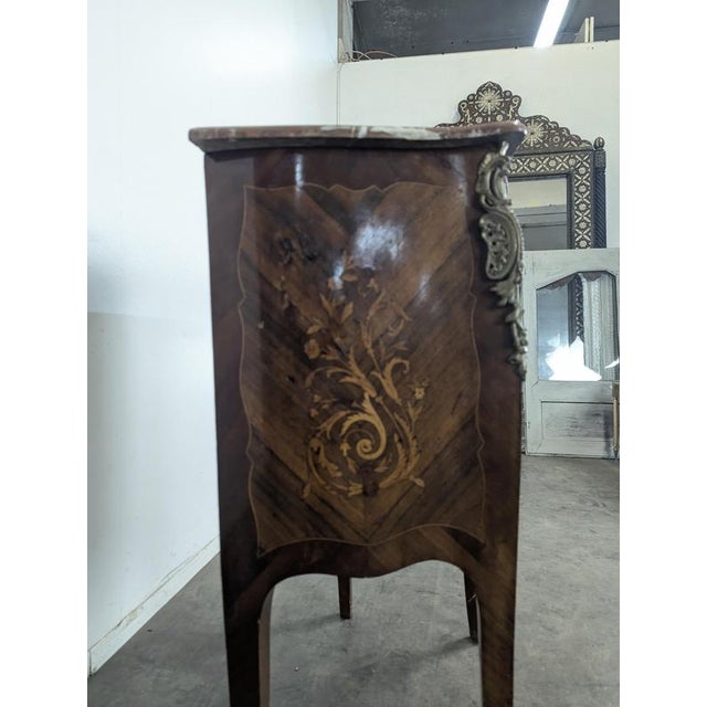 Wood Small Louis XV Style Commode with Marquetry and Red Marble Top For Sale - Image 7 of 11