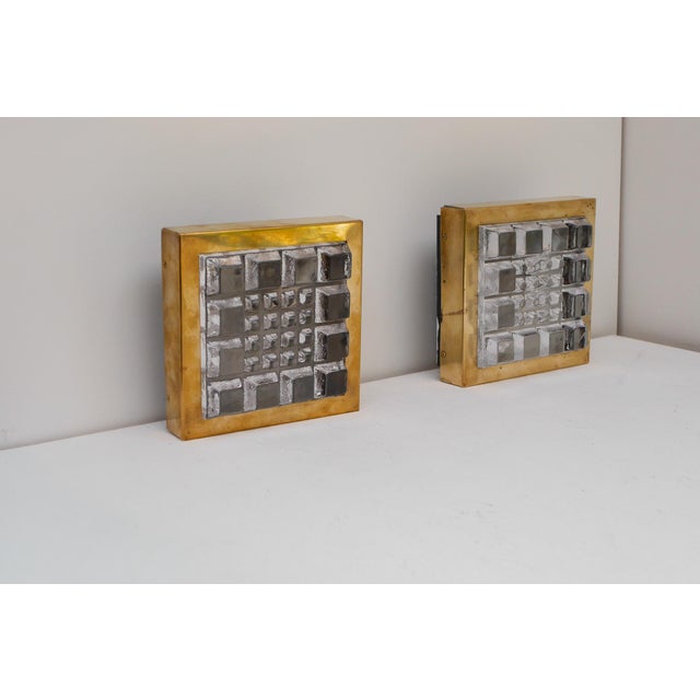 Mid-Century Modern Swedish Brutalist Glass and Brass Wall Lamps from Falkenbergs Belysning, Set of 2 For Sale - Image 3 of 18