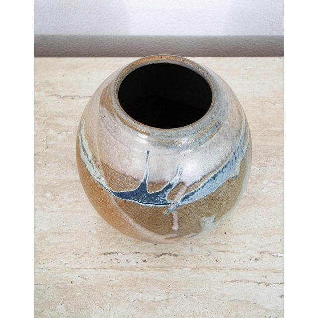 Tan Mid Century Modern Round Vase Blue Tan Glaze Studio Ceramic Weed Vintage Flower For Sale - Image 8 of 12