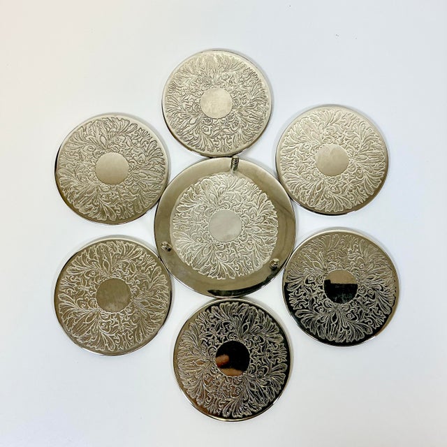 Mid Century Hollywood Regency Chippendale Silver Plate Acanthus Leaf Coasters - Set of 7. For Sale - Image 6 of 14