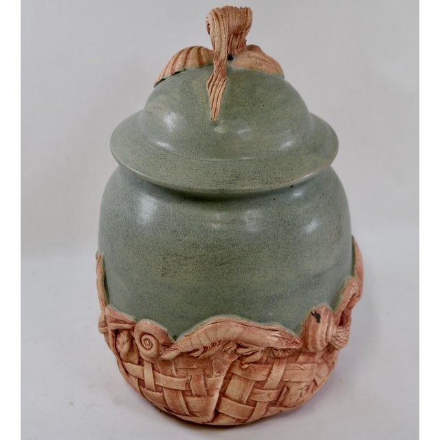 Late 20th Century Large 11.5” Vintage Leo & Karin Villaroman Coastal Marine Sculptural Lidded Stoneware Vessel For Sale - Image 5 of 17