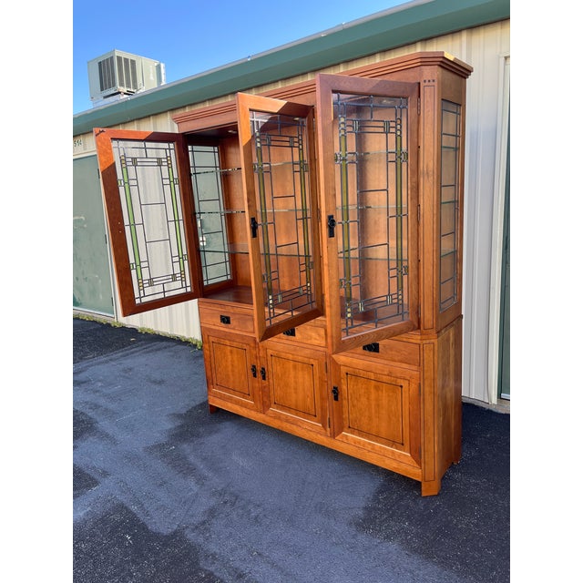 1990s Stickley 21st Century Collection Leaded Glass Mission Cherry Buffet China Cabinet For Sale - Image 5 of 12