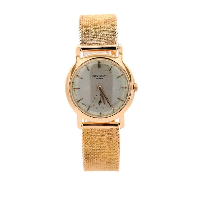 1950s Patek Philippe Geneve Vintage 2506 Manual 18k Gold Mesh Bracelet Watch For Sale - Image 5 of 12