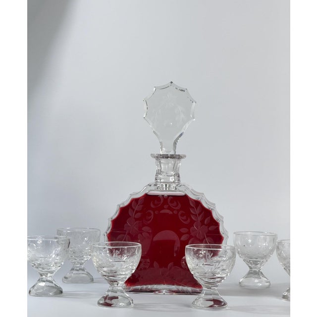 Vintage Art Deco Cut Crystal Decanter and Six Cordial Glasses, 1930s, Set of 7 For Sale - Image 3 of 17