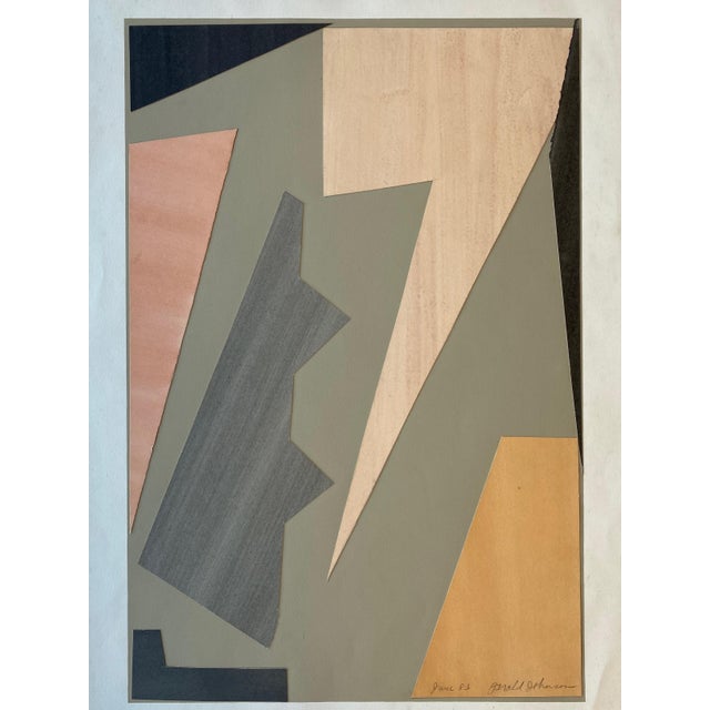 Geometric cut paper collage in painted multi-color paper. Palette of grays, pink, and ochre. By Brooklyn, NY artist Gerald...