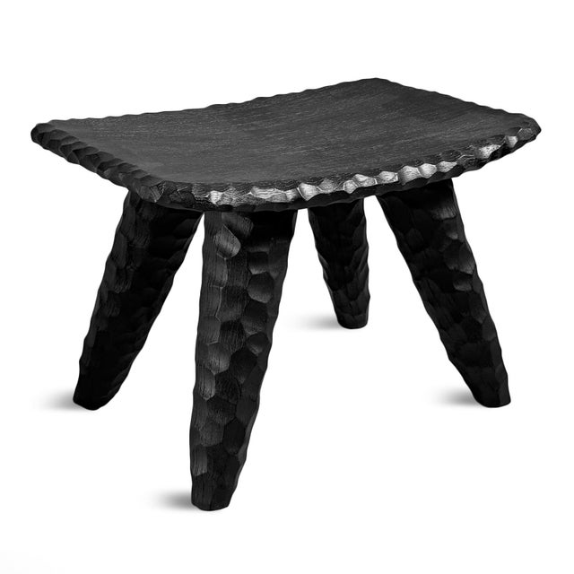Wood Organic Modern Black Chiseled Leg Stool For Sale - Image 7 of 12