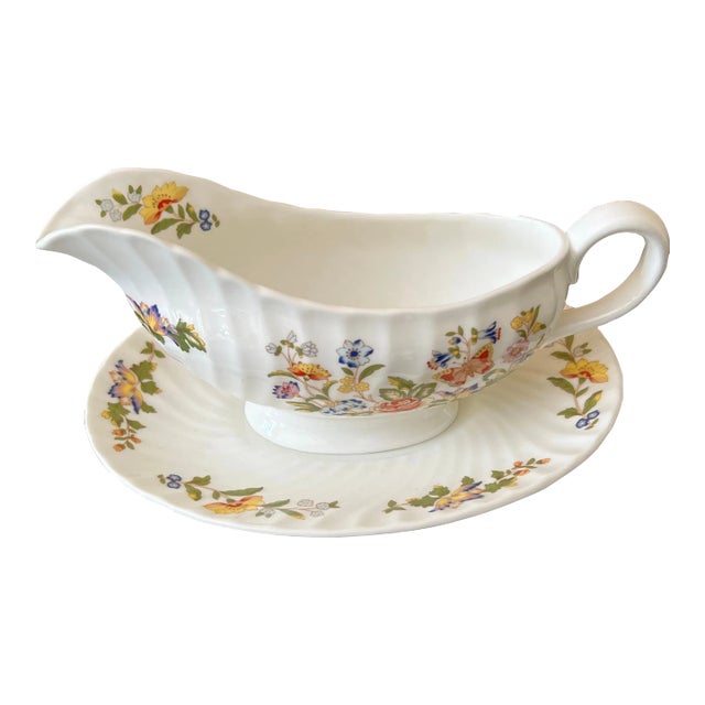 Late 19th Century Aynsley Cottage Garden Fine Bone China Gravy Boat & Underplate, Made in England For Sale