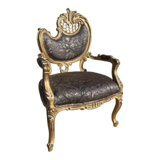 Antique Style Baroque Gray Armchair of Louis XV Style With Gray "Gobelins" Patterns Fabric and Gilded Wood. Super for Your Classic Rooms. For Sale