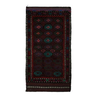 Rug & Kilim’s Baluch Tribal Rug in Aubergine With Teal Blue Geometric Patterns For Sale