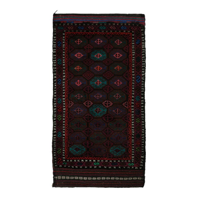 Rug & Kilim’s Baluch Tribal Rug in Aubergine With Teal Blue Geometric Patterns For Sale