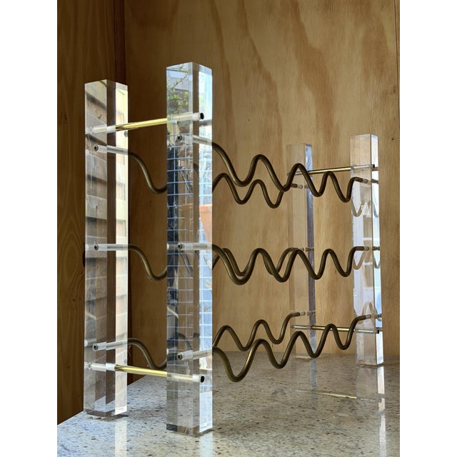 Metal Hollywood Regency Acryllic Glass and Brass Sinuous Wave Wine Rack, 1970s For Sale - Image 7 of 16