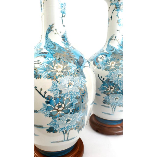 Mid 20th Century Lamps Hand Painted Japanese Kutani Porcelain Coastal Blue Peacocks Extra Large Pair 1960s For Sale - Image 5 of 14