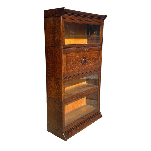 Arts & Crafts Antique Arts & Crafts Four Section Tiger Oak Lyre Carved Barrister Bookcase For Sale - Image 3 of 11
