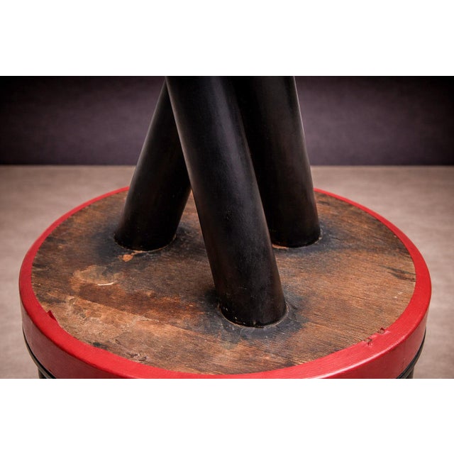 Red Pair of Bar Stools in Hardwood & Leather, Unknown, 1950s For Sale - Image 8 of 9