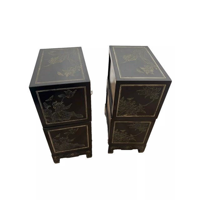 Wood 1950s Pair Mid Century Stacking Chinoiserie Bedside Cabinets Nightstands Six Pieces Chinese For Sale - Image 7 of 12