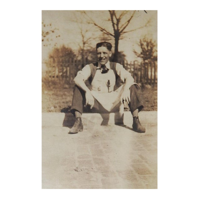 Early 20th Century Sepia Snapshot Shop Boy on Break Photograph For Sale