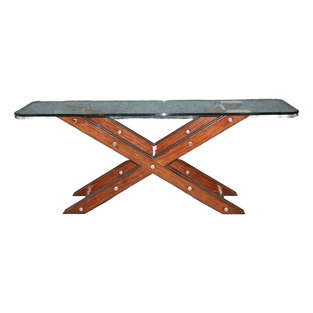 Post Modern Contemporary Wood Steel and Glass Console Table For Sale