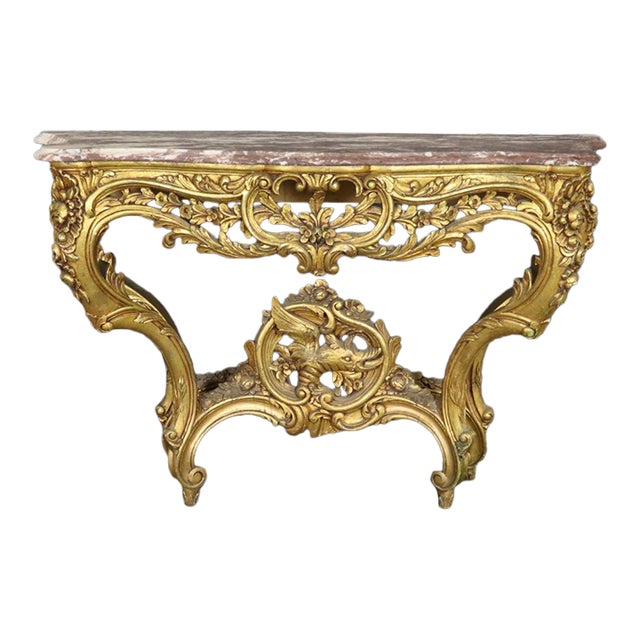 French Louis XV Giltwood Marble Top Wall Mounted Console Table C. 1870s For Sale