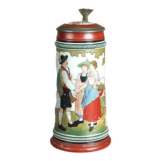 Antique Art & Crafts Scenic Musterschutz Germany Pottery Stein Circa 1900 For Sale