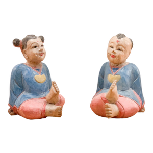 Vintage Lifesize Pair of Wooden Hand Carved Asian Babies