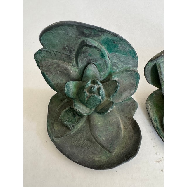 Antique Pair of Lead Garden L Bookends Water Lily With Frog For Sale - Image 4 of 6