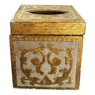 Vintage Mid Twentieth Century Gold and White Florentine Tissue Box Cover For Sale