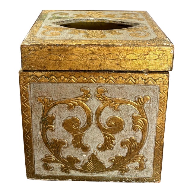 Vintage Mid Twentieth Century Gold and White Florentine Tissue Box Cover For Sale