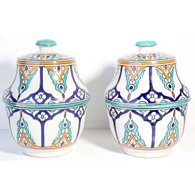 Mid 20th Century Moroccan Ceramic Glazed Covered Jars Handcrafted in Fez Morocco - A Pair For Sale - Image 5 of 13