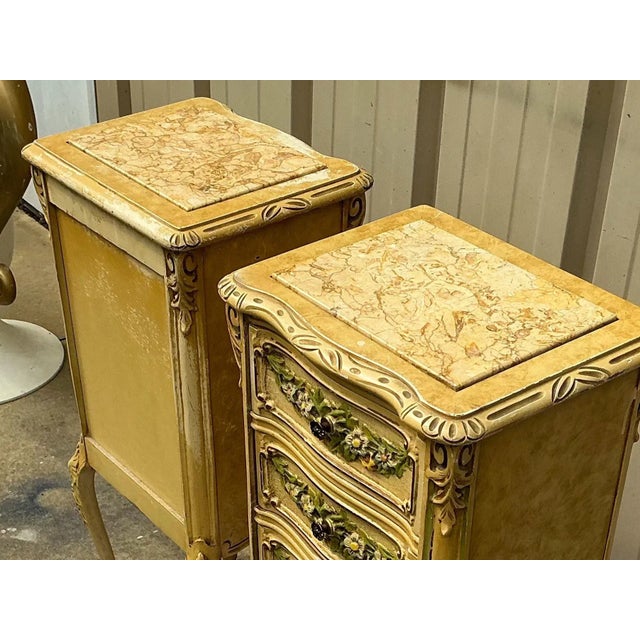 Victorian Victorian Cottage Style Marble Top Chests Side Tables W/ Floral Barbola Swags - Pair For Sale - Image 3 of 8