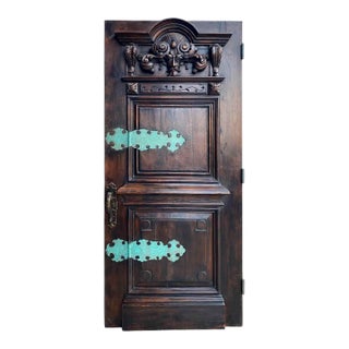 Carved Walnut Entry Door With Bronze Strap Hinges For Sale