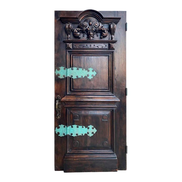 Carved Walnut Entry Door With Bronze Strap Hinges For Sale