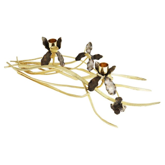 Low Candlesticks with Iris Design in Patinated Metal, Set of 2 For Sale - Image 5 of 5