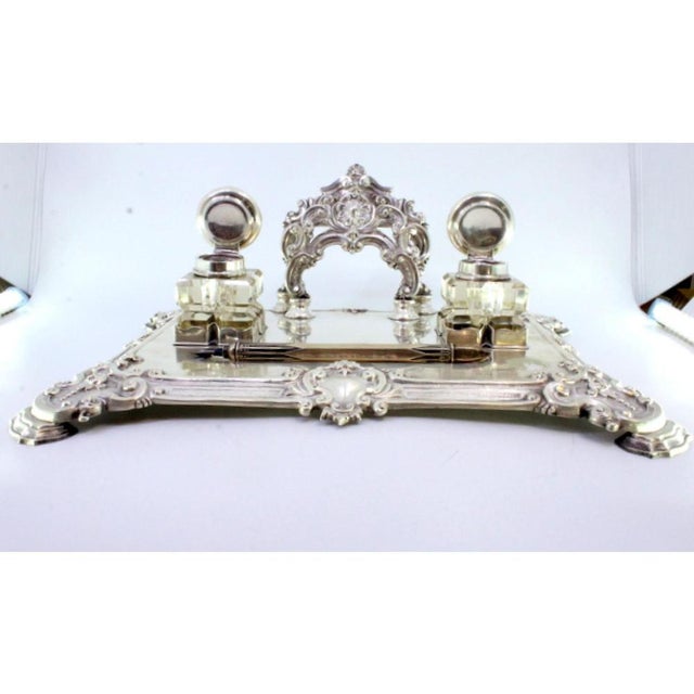 Silver and Glass Inkwell with Shell Reliefs, Monogram Card and Letter Holder, in Very Good conditions. Designed 1920 to...