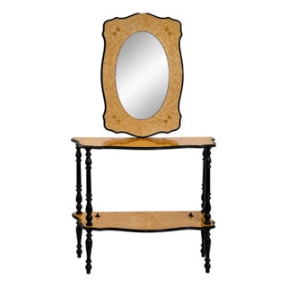 Italian Black & Gold Console Table With Matching Mirror, 2-Piece Set For Sale