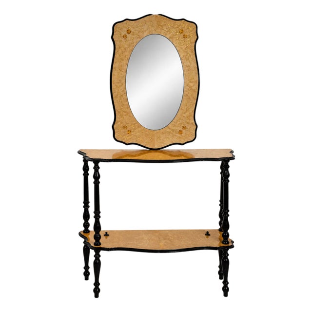 Italian Black & Gold Console Table With Matching Mirror, 2-Piece Set For Sale