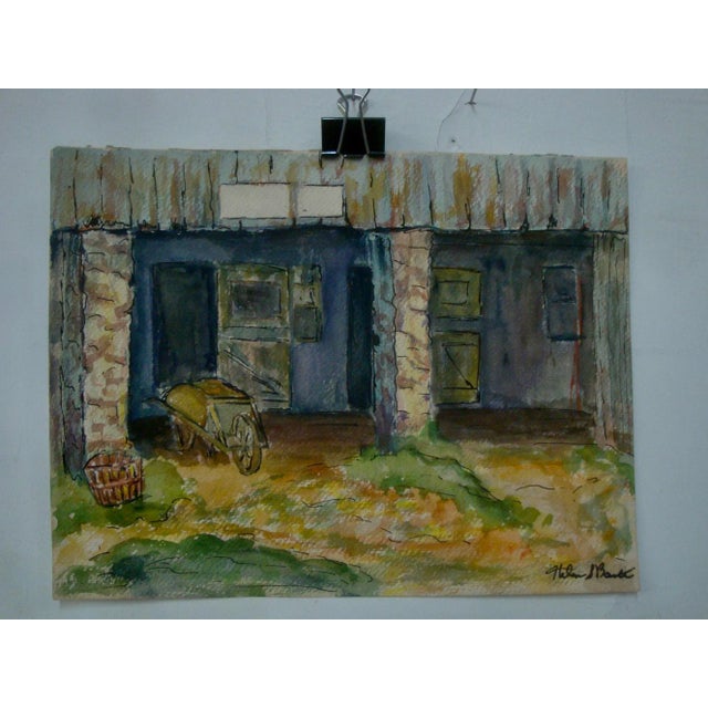 Original vintage watercolor painting dated 1956 depicting a rural farm barn scene complete with wheelbarrow and splint...