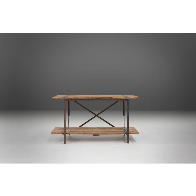 Industrial Side Table with Metal Frame, Wooden Top and Removable Platform, Belgium, 1920s For Sale - Image 6 of 15